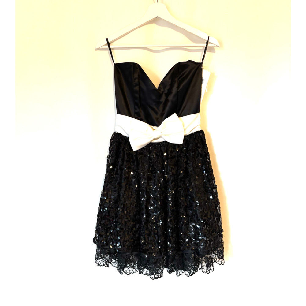Vtg Jessica McClintock Dress Sequin Strapless Black Mini 7 8 Prom Formal